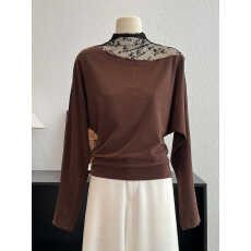 批发设计感蕾丝拼接斜肩长袖t恤女秋季时尚气质百搭<b class='q'>打底</b>衫超好看<b class='q'>上衣</b>