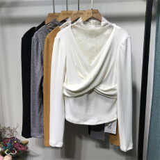 批发秋冬季新款半高领蕾丝拼接<b class='q'>长袖</b>打底衫交叉褶皱弹力假两件上衣女装