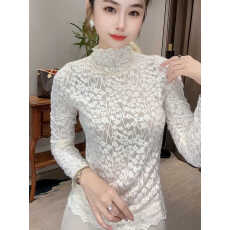 批发法式洋气木耳边半高领长袖打底衫女2025秋装新款蕾丝微透内搭上衣