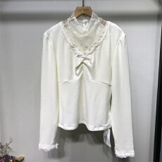 批发2025冬季新款纯欲扭结花边V领长袖衬衫女叠穿<b class='q'>蕾丝</b>内搭两件套上衣