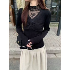 批发法式设计感小众蕾丝拼接长袖T恤女2025秋冬韩系新款<b class='q'>打底衫</b>上衣潮