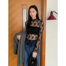 批发爱西里2025秋冬款<b class='q'>气质</b>木耳边半高领蕾丝打底衫女内搭性感网纱上衣