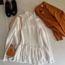 批发韩系花边领压褶百搭打底衫<b class='q'>长袖</b>网纱T恤女秋冬减龄叠穿微透上衣潮