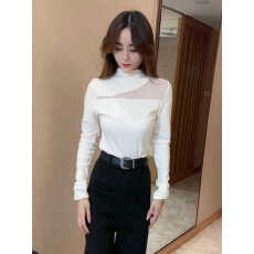 批发韩系半高领拼接网纱洋气<b class='q'>长袖</b>T恤女2025秋冬新款显瘦百搭磨毛上衣