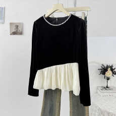批发法式荷叶边撞色拼接珍珠领<b class='q'>长袖</b>T恤女秋季2025设计感褶皱裙摆上衣