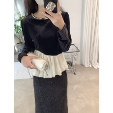 批发法式设计感立体珍珠装饰拼接荷叶边丝绒<b class='q'>衬衫女</b>秋冬季<b class='q'>长袖</b>气质上衣