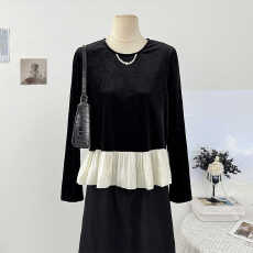 批发法式荷叶边撞色拼接丝绒<b class='q'>长袖</b>T恤女秋季2025时尚减龄宽松百搭上衣