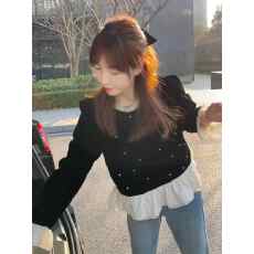 批发春秋季新款女士法式小香风木耳边衬衫钉珠设计感丝绒<b class='q'>长袖</b>漂亮上衣