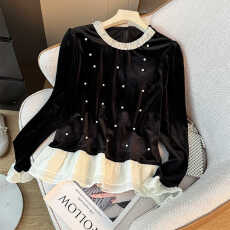 批发法式重工钉珠丝绒圆领<b class='q'>长袖</b>T恤女秋季2025荷叶边撞色拼接宽松上衣