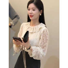 批发法式高级感荷叶边蕾丝刺绣衬衫女秋冬设计感上衣内搭打底衬衣加绒