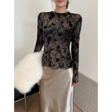 批发蕾丝<b class='q'>网纱</b><b class='q'>打底衫</b>女气质高端2025秋冬独特漂亮外穿洋气印染长袖上衣