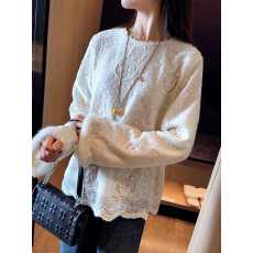 批发欧洲站圆领茶歇风松弛感刺绣<b class='q'>蕾丝</b>衫2025秋冬高级感毛袖口拼接衬衫