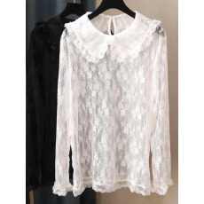 批发纯色套头大翻领公主领荷叶边钩花蕾丝打底衫百搭女装长袖网纱上衣