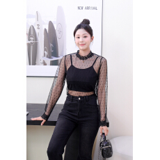 批发韩系减龄软糯透气波点蕾丝花边立领上衣<b class='q'>女长袖</b>叠穿打底蕾丝衫百搭