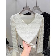 批发高级感V领重工亮片长袖<b class='q'>衬衫女</b>2026春秋新款宽松温柔风打底衫上衣