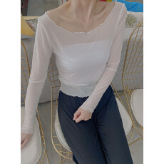 批发蕾丝打底衫女<b class='q'>吊带</b>裙内搭纱衣长袖T恤薄款修身短款网纱上衣春秋季