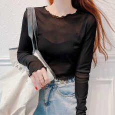 批发网纱打底衫女春秋季长袖<b class='q'>吊带</b>裙内搭防晒薄纱衣透视木耳边蕾丝上衣