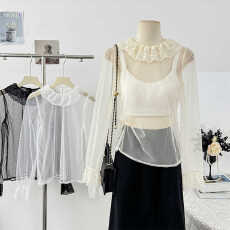 批发韩系精致翻领超仙甜美花朵百搭宽松透视蕾丝网纱打底衫长袖上衣女