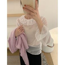 批发韩系蕾丝花边荷叶边翻领内搭蕾丝衫长袖<b class='q'>娃娃领</b>长袖小衫上衣女网纱