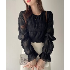 批发早春秋季超仙压褶雪纺衫宽松百搭长袖洋气女装褶皱圆领打底衫上衣