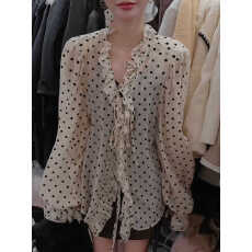 批发设计感小众v领荷叶边波点<b class='q'>衬衫</b>女2026早春秋新款法式复古长袖上衣