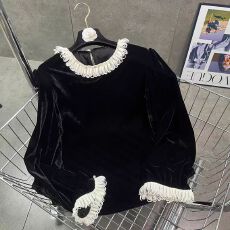 批发欧洲站法式撞色减龄金丝绒长袖<b class='q'>衬衫</b>女气质百搭<b class='q'>蕾丝</b>拼接长袖上衣