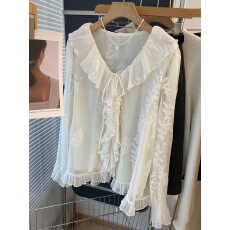 批发<b class='q'>韩国</b>东大门气质荷叶边甜美宽松刺绣衬衫小衫女2026春秋