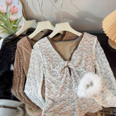 批发纯欲风性感扭结V领长袖蕾丝衫女冬季2025设计感毛绒拼接短款上衣