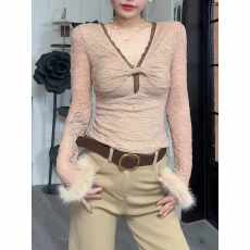 批发法式纯欲辣妹风<b class='q'>V领</b>长袖女撞色秋冬季新款修身显瘦百搭高级感上衣