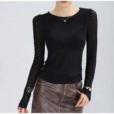 批发圆领网纱蕾丝打底衫女高端欧货独特漂亮内搭钩花镂空上衣简约高级