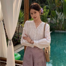 批发法式度假优雅蕾丝刺绣白衬衫女春季新款透气棉质衬衣V领长袖上衣