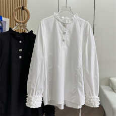 批发气质淑女风立领褶皱飞飞边长袖衬衫女白色气质宽松休闲简约衬衣潮