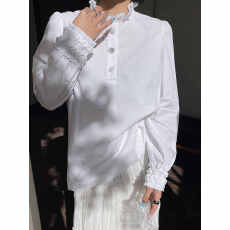 批发2026年春季法式立领木耳边白色衬衫设计感洋气花边长袖宽松衬衣