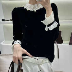 批发法式复古丝绒衬衫女<b class='q'>长袖</b>珍珠木耳边立领气质通勤上衣撞色小衫秋冬