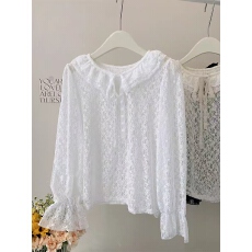 批发蝴蝶结系带双层荷叶边翻领花边领蕾丝打底衫女娃娃领叠穿内搭上衣