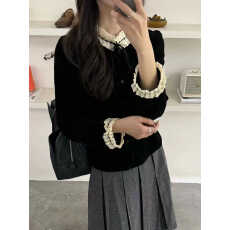 批发高级感黑色丝绒<b class='q'>衬衫</b>女2025秋冬新款法式气质蕾丝拼接<b class='q'>长袖</b>上衣小衫