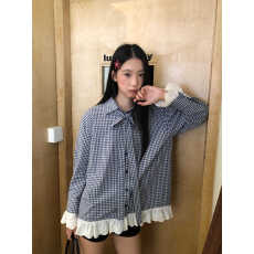 批发红人馆格子<b class='q'>衬衫</b>女款2026春秋新款蓝色法式上衣<b class='q'>长袖</b>宽松高级感<b class='q'>衬衣</b>