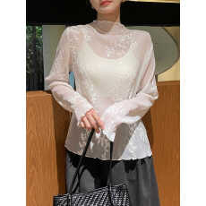批发韩系简约蕾丝刺绣微透半高领小衫女秋冬新款优雅气质肌理感打底衫