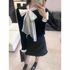 批发黑色赫本风丝绒蝴蝶结飘带衬衫女士秋冬内搭打底叠穿上衣<b class='q'>气质</b>减龄