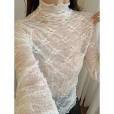 批发木耳边半高领蕾丝小衫女2026新款网纱打底衫高级感内搭长袖纱衣薄