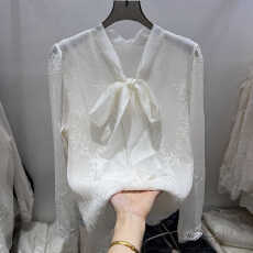 批发法式V领蝴蝶结系带长袖衬衫女春季2026新款高级感刺绣蕾丝衫上衣
