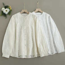 批发新款<b class='q'>森系</b>圆领花边拼接纯色上衣女百搭减龄全身重工刺绣长袖<b class='q'>衬衫</b>潮