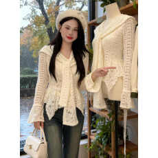 批发2026春秋法式紫色蕾丝喇叭袖打底衫女温柔气质系带<b class='q'>不规则</b>长袖上衣