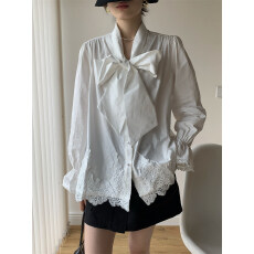 批发2026春秋新款法式蝴蝶结绑带宽松显瘦遮肉衬衫刺绣镂空<b class='q'>钩花</b><b class='q'>上衣</b>女