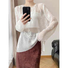 批发2026新款春夏新中式圆领套头压皱刺绣白色衬衫女外搭罩衫韩版<b class='q'>上衣</b>