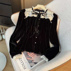 批发法式蕾丝拼接镂空丝绒<b class='q'>长袖</b>系带衬衫女秋冬季洋气减龄单排扣<b class='q'>上衣</b>潮