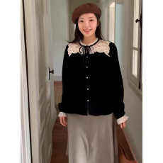 批发气质法式蕾丝拼接黑色丝绒衬衫女2026新款洋气内搭打底衫<b class='q'>长袖</b><b class='q'>上衣</b>