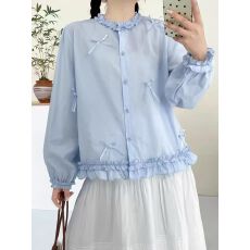 批发森女系甜美学院风蝴蝶结花边单排扣<b class='q'>衬衫</b>宽松简约时尚纯棉长袖上衣