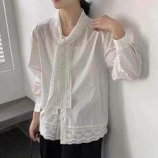 批发韩系蕾丝钩花镂空飘带气质<b class='q'>衬衫女</b>宽松百搭26早春显瘦叠穿<b class='q'>长袖</b>衬衣