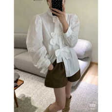 批发2026年春季新款韩系减龄设计感蝴蝶结<b class='q'>长袖</b>条纹<b class='q'>衬衫女</b>宽松显瘦上衣